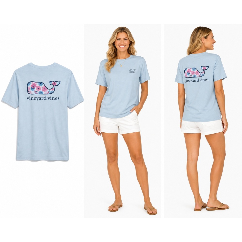 Vineyard Vines T-Shirt L Floral Whale Graphic Coastal Preppy Beachwear Summer
